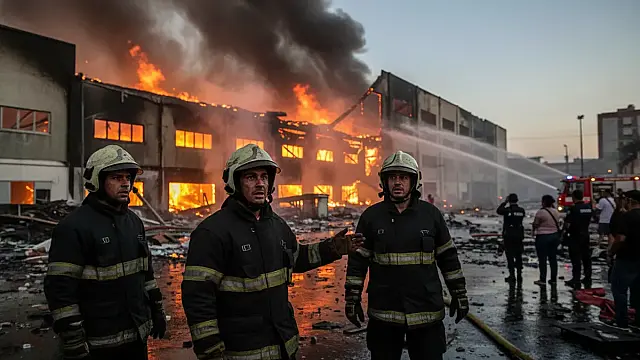 Equipes do Corpo de Bombeiros trabalham no combate às chamas em fábrica de velas em Mauá.