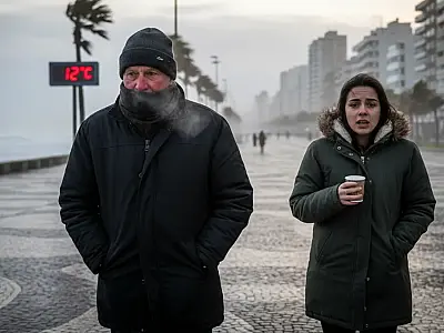 Amanhecer gelado na orla de Santos nesta segunda-feira; previsão indica continuidade do frio na região.