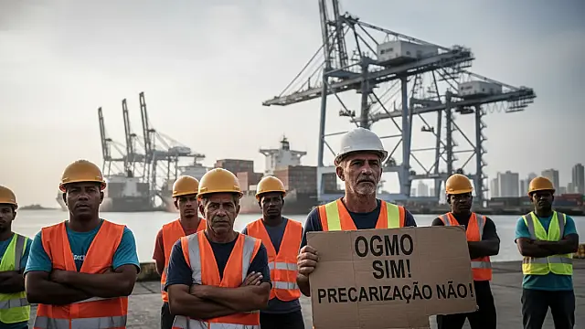 Trabalhadores portuários cruzam os braços em Santos contra alterações na Lei dos Portos.