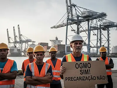 Trabalhadores portuários cruzam os braços em Santos contra alterações na Lei dos Portos.