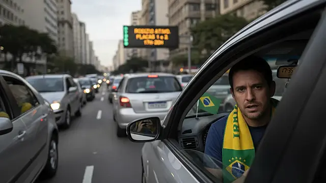 Trânsito intenso na cidade de São Paulo durante dia de jogo da Seleção Brasileira.
