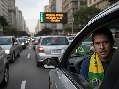 Trânsito intenso na cidade de São Paulo durante dia de jogo da Seleção Brasileira.