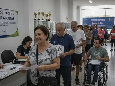Atletas se preparam para a largada de etapa do Campeonato Santista de Pedestrianismo na orla da praia.