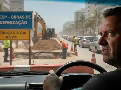 Máquinas da Sabesp operam em vias da Baixada Santista para expansão da rede de esgoto.