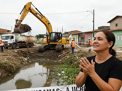 Maquinário pesado trabalha no leito do Rio Campininha para ampliar a capacidade de escoamento e evitar transbordamentos em Itanhaém.