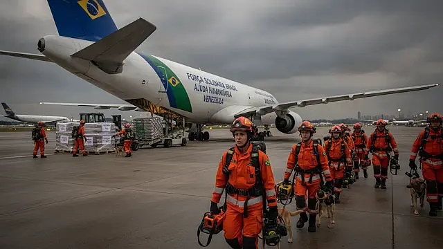 Equipes de resgate brasileiras embarcam em Guarulhos com destino a La Guaira para missão de ajuda humanitária.