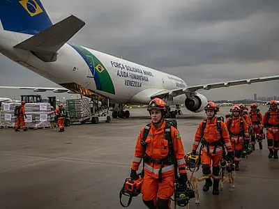Equipes de resgate brasileiras embarcam em Guarulhos com destino a La Guaira para missão de ajuda humanitária.