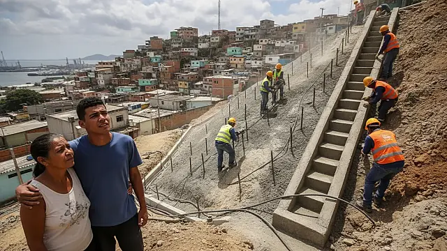 Obras no Morro do Marapé em Santos utilizam técnica de solo grampeado e escadas hidráulicas para garantir segurança da população.