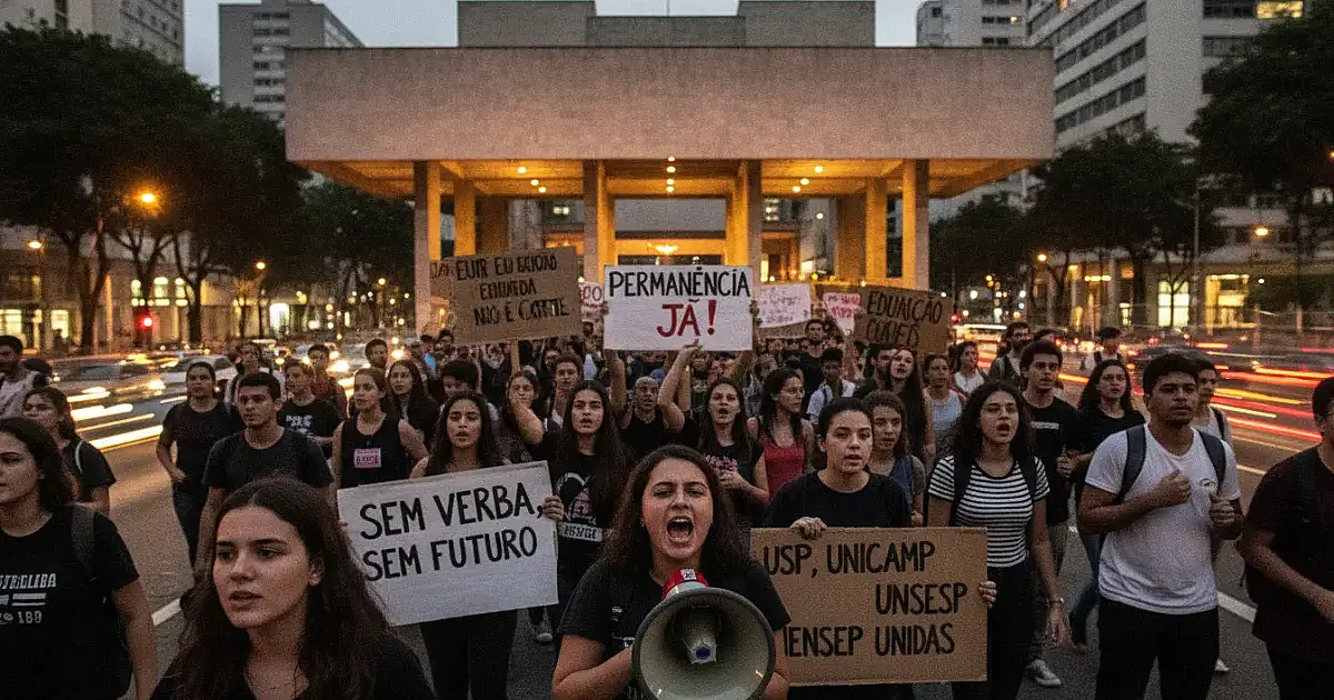 Estudantes ocupam a Avenida Paulista em protesto contra cortes nas universidades estaduais de SP