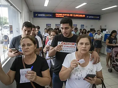 Bilhetes da Mega-Sena e volante de apostas em uma casa lotérica; prêmio acumulado atrai novos jogadores.