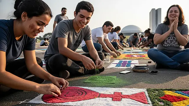 Jovens se reúnem na Esplanada dos Ministérios para confeccionar tapetes de Corpus Christi feitos à mão.