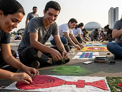 Jovens se reúnem na Esplanada dos Ministérios para confeccionar tapetes de Corpus Christi feitos à mão.