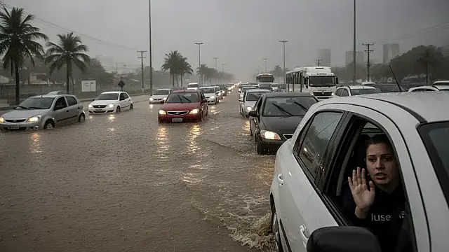 Vias alagadas no litoral de São Paulo após forte temporal na manhã desta quarta-feira (24).