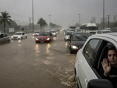 Vias alagadas no litoral de São Paulo após forte temporal na manhã desta quarta-feira (24).