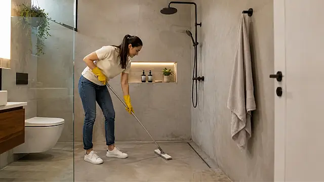 O acabamento contínuo do microcimento impede o surgimento de fungos e facilita a secagem do banheiro.