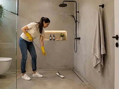 O acabamento contínuo do microcimento impede o surgimento de fungos e facilita a secagem do banheiro.