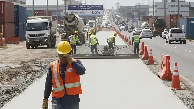 Equipes trabalham na pavimentação de concreto na Rua Alfredo das Neves, na Alemoa Industrial.