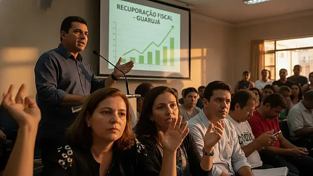 Prefeito Farid Madi em entrevista sobre os desafios fiscais e o aniversário de Guarujá.