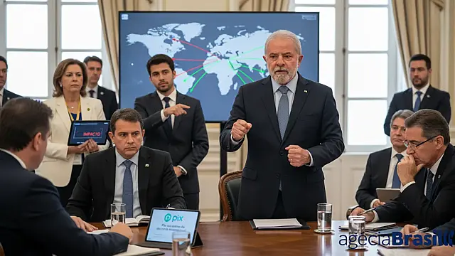 Presidente Lula durante reunião ministerial no Palácio do Planalto discutindo relações comerciais internacionais.