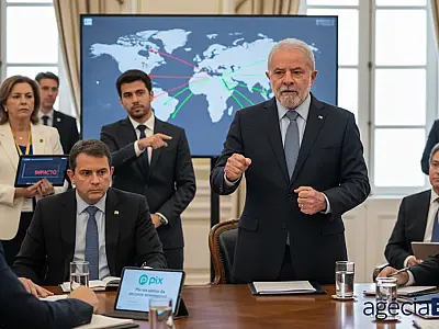 Presidente Lula durante reunião ministerial no Palácio do Planalto discutindo relações comerciais internacionais.
