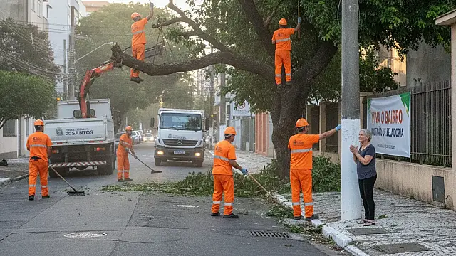 Equipes de zeladoria da Prefeitura de Santos realizam serviços de limpeza e manutenção urbana em diversos bairros da cidade.
