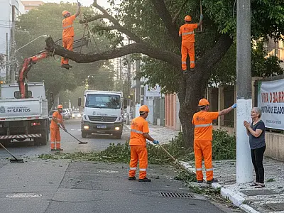 Equipes de zeladoria da Prefeitura de Santos realizam serviços de limpeza e manutenção urbana em diversos bairros da cidade.
