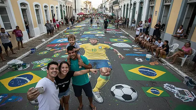 Moradores de Santos transformam rua em galeria com pinturas temáticas e homenagem a Neymar para a Copa do Mundo.