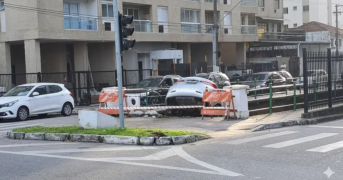 Carro invade mureta e fica pendurado no Canal 5 de Santos após vitória da Seleção