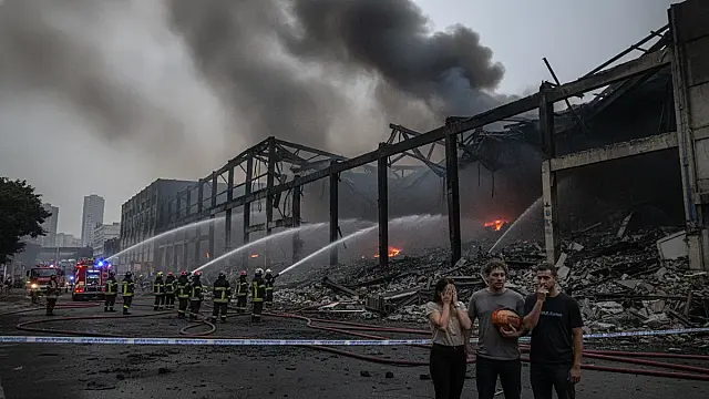 Bombeiros trabalham no combate às chamas em galpão de 10 mil metros quadrados na Lapa, em São Paulo.