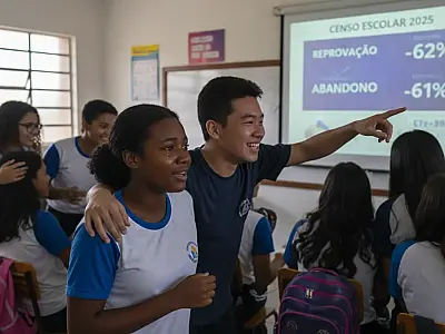 Estudantes em sala de aula de escola pública brasileira; índices de aprovação cresceram 11% no período.