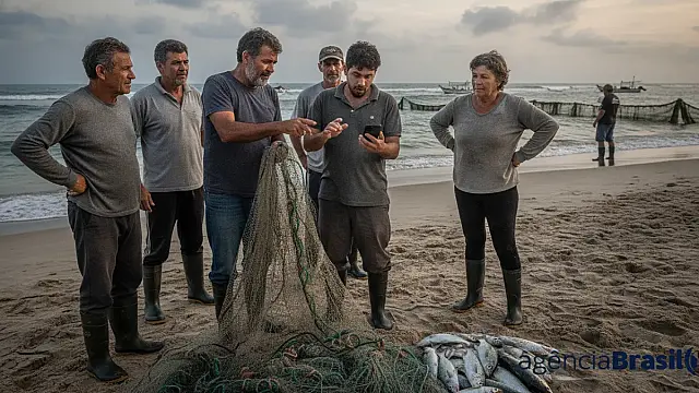 Pesca de arrasto de praia na costa brasileira; modalidade está suspensa para a tainha.