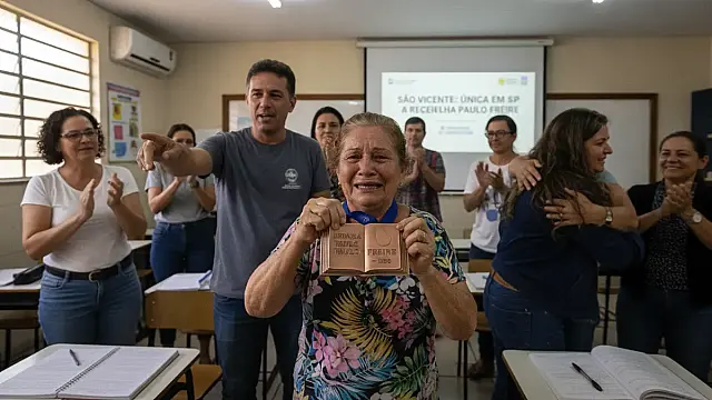 Sede da Secretaria de Educação de São Vicente comemora conquista inédita da Medalha Paulo Freire concedida pelo MEC.