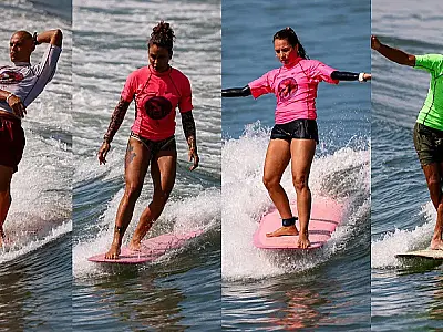 Competidores de longboard se preparam para o Torneio Interclubes no Quebra Mar, em Santos