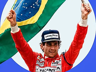 Ayrton Senna celebrando vitória com a bandeira do Brasil, um símbolo eterno do orgulho nacional.