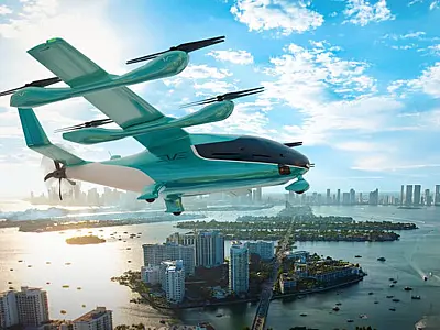 Protótipo do eVTOL da Eve, subsidiária da Embraer, projetado para realizar voos urbanos silenciosos e com emissão zero de carbono.