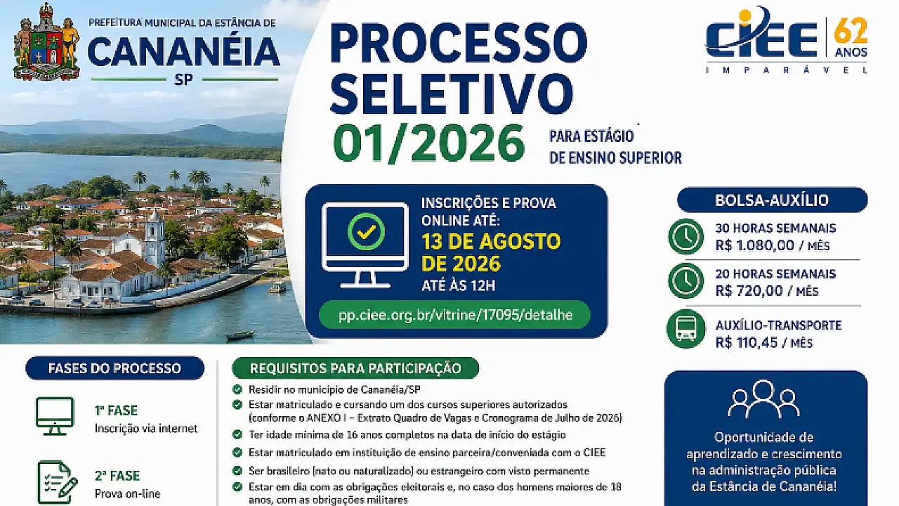 Prefeitura de Cananéia abre processo seletivo de estágio para ensino superior