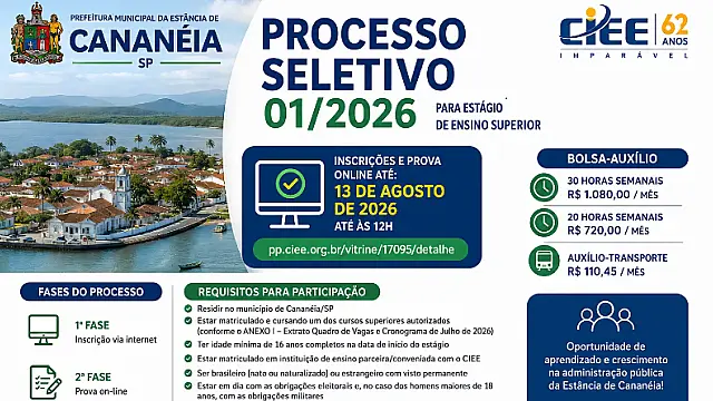 Prefeitura de Cananéia abre processo seletivo de estágio para ensino superior