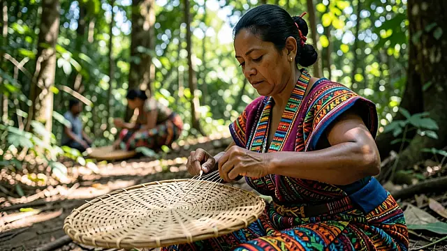 Mulheres da aldeia Tekoa Paranapuã confeccionam artesanato tradicional Guarani Mbya em São Vicente.