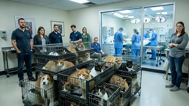 Representação editorial de atendimento veterinário em campanha pública de castração de cães e gatos.