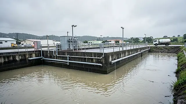 Representação editorial de impactos das chuvas no sistema de captação e tratamento de água da Baixada Santista.