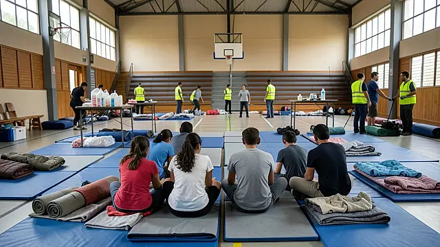 Representação editorial de famílias acolhidas em abrigo temporário após as chuvas no Vale do Ribeira.