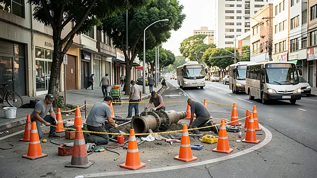 Representação editorial de manutenção emergencial em adutora com impacto no trânsito e no transporte coletivo de Santos.