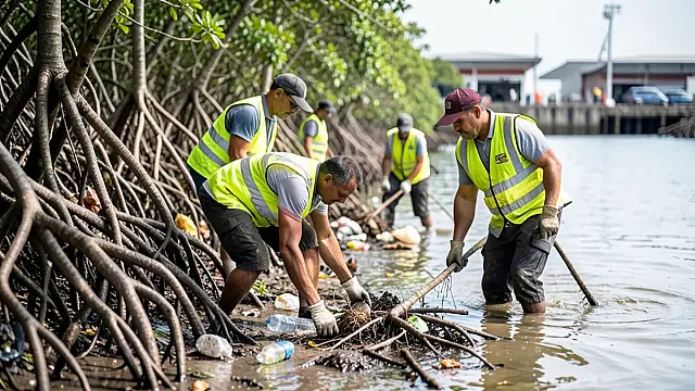 Mutirão de limpeza mobiliza terminais portuários no manguezal de Guarujá