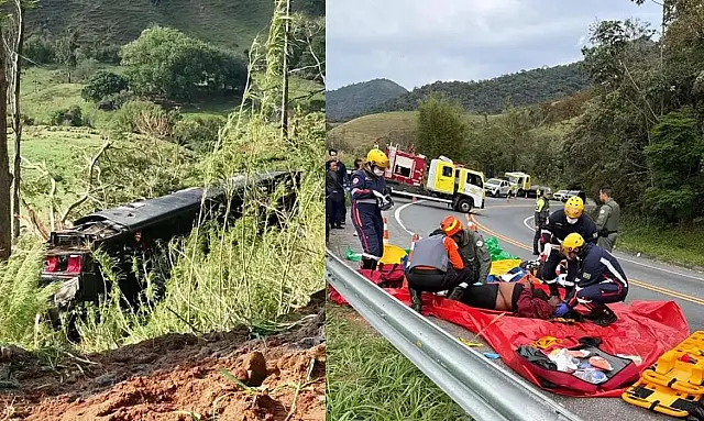 Ônibus com 48 passageiros caiu em ribanceira na cidade de Cruzeiro.