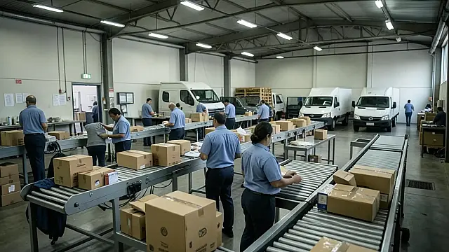 Representação editorial de atividade em centro de distribuição postal durante período de negociação trabalhista.
