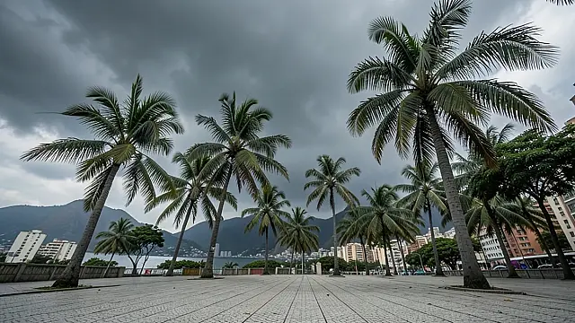 Representação editorial de ventos fortes associados à chegada de frente fria ao Rio de Janeiro.