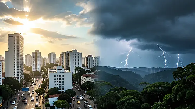 Representação editorial das condições de tempo contrastantes entre áreas do estado de São Paulo e o Vale do Ribeira.