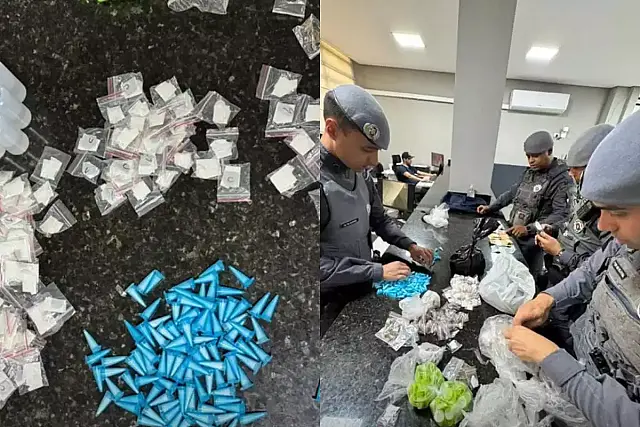 Foram apreendidas porções de cocaína, skunk, ICE, maconha e lança perfume, além de R$875,00 em dinheiro em espécie.