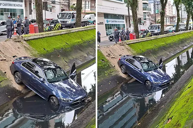 Carro cai no Canal 3 em Santos e motorista de 75 anos é resgatado pelos bombeiros